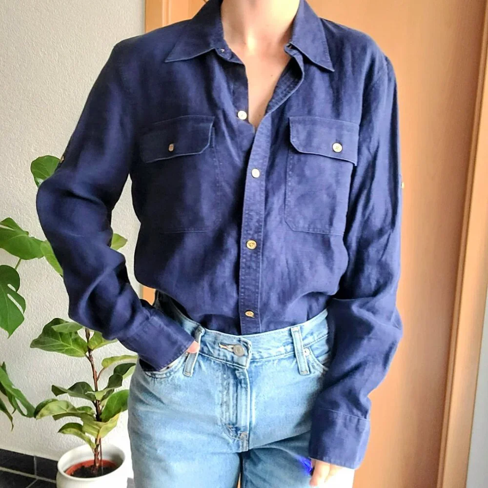Lauren Ralph Lauren Navy Blue Linen Long Sleeve Button Down Shirt Size Medium - Picture 3 of 13